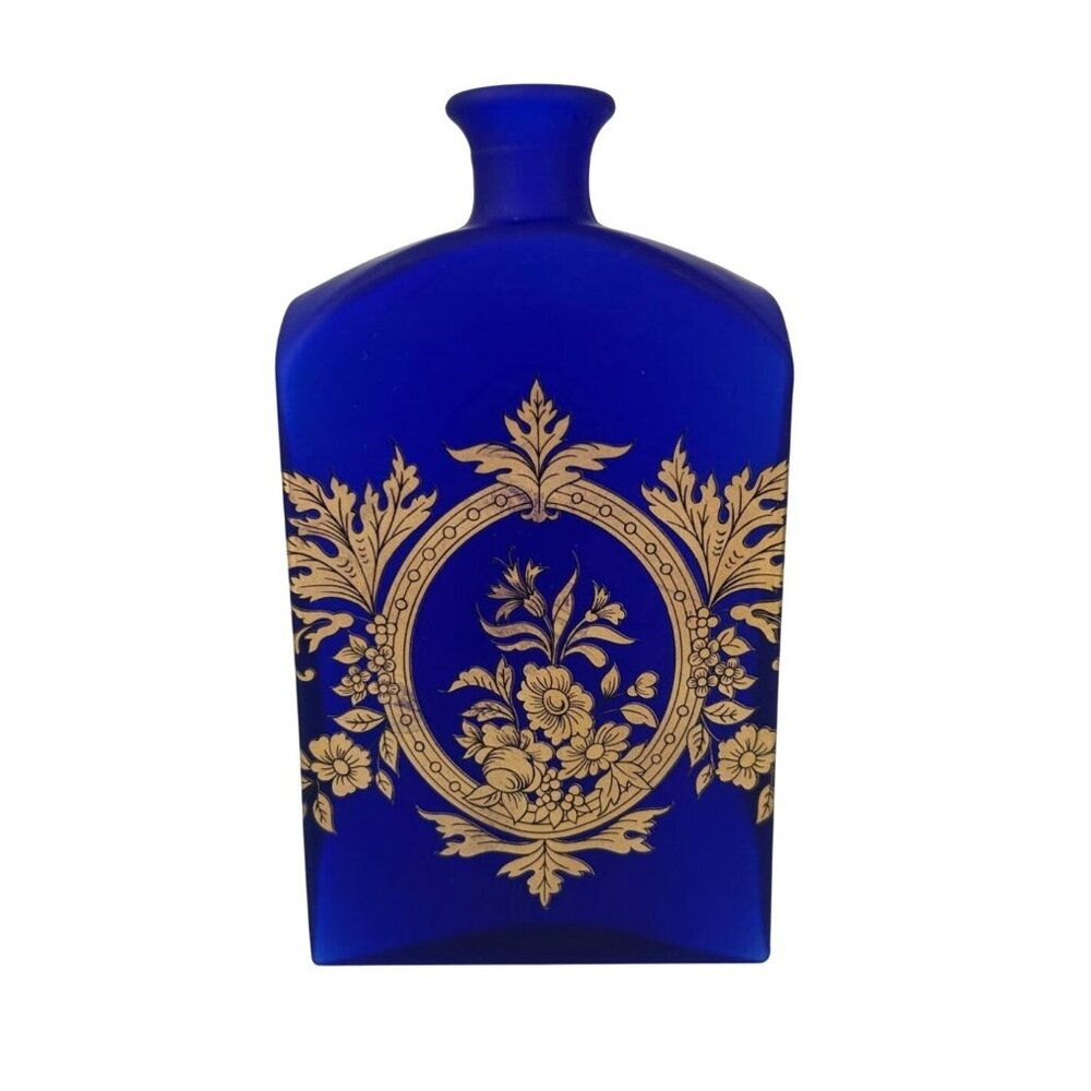 Cobalt Blue Open Bottle Gold Floral Design Satin Glass Bohemian Perfume VTG